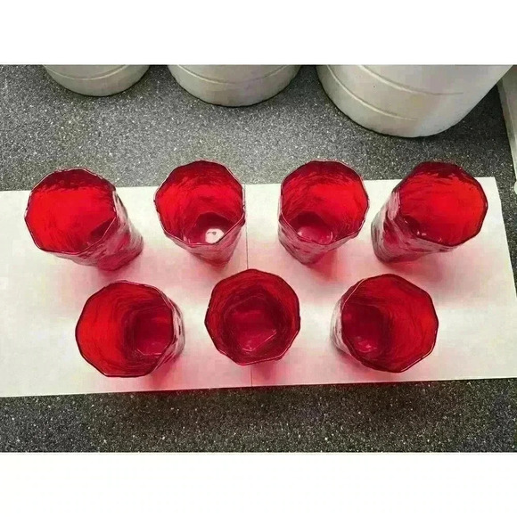 7 Vintage Ruby Red Morgantown Seneca Crinkle Driftwood Juice Mid Century glasses - Picture 2 of 8